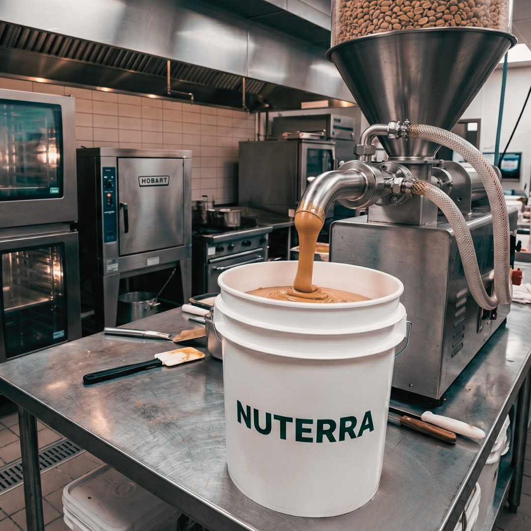 NUTERRA cashew butter being produced in the kitchen
